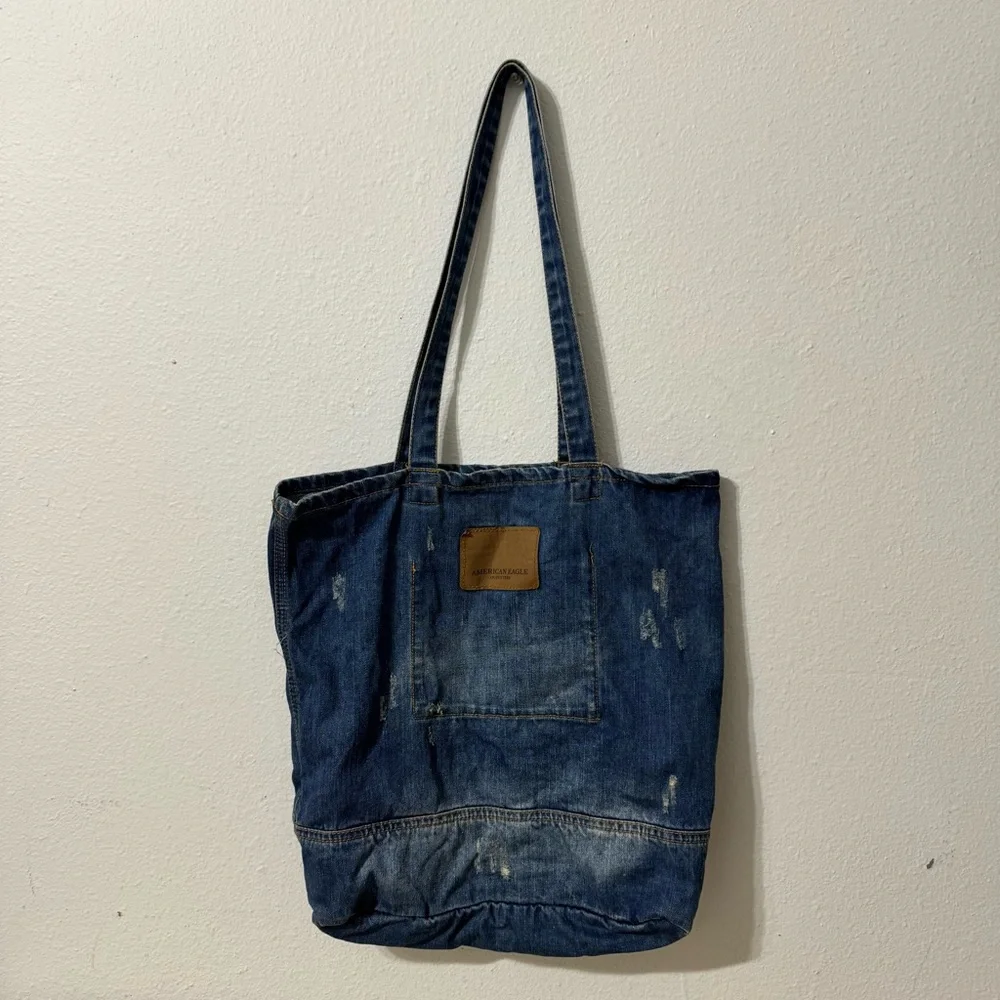 American Eagle Outfitters Denim Tote Book Bag Blue Jean‎ Purse Double Handles